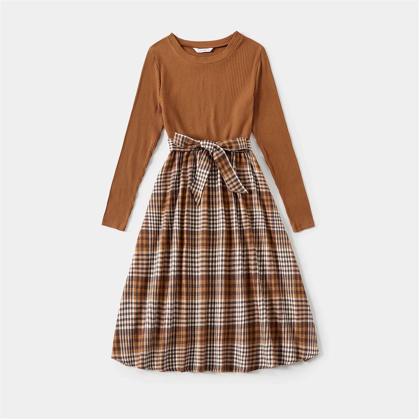 PatPat Family Matching Outfits Winter Coffee Ribbed Spliced Plaid Belted Dresses and Long-sleeve Colorblock Tops Clothes Set