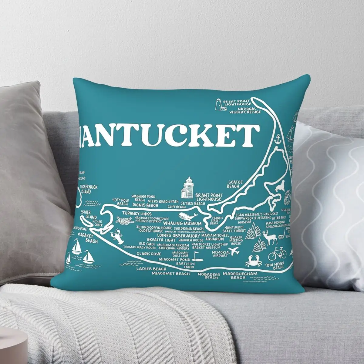 

Nantucket Map Square Pillowcase Polyester Linen Velvet Printed Zip Decorative Car Cushion Case Wholesale