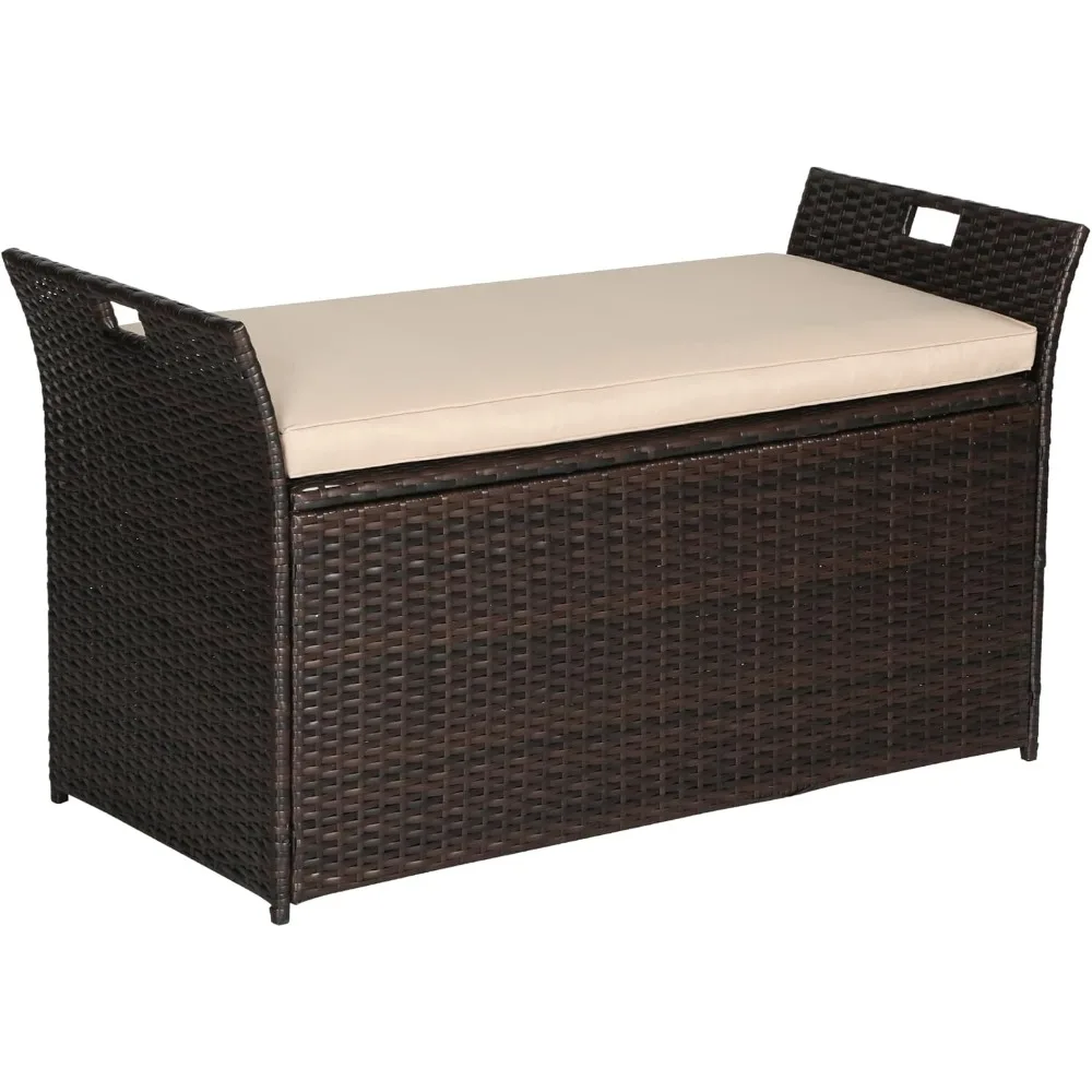 

90 Gallon Patio Storage Bench, Outdoor Wicker Deck Box with Cushion, PE Rattan Box with Handles (Brown)