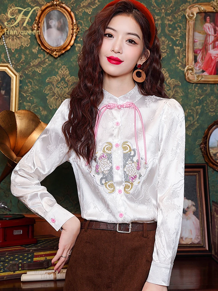 H Han Queen 2024 Autumn Simple Office ]Blouse Woman Clothing Embroidery Tops Long Sleeve Shirt Casual Korean Loose Blouses Women