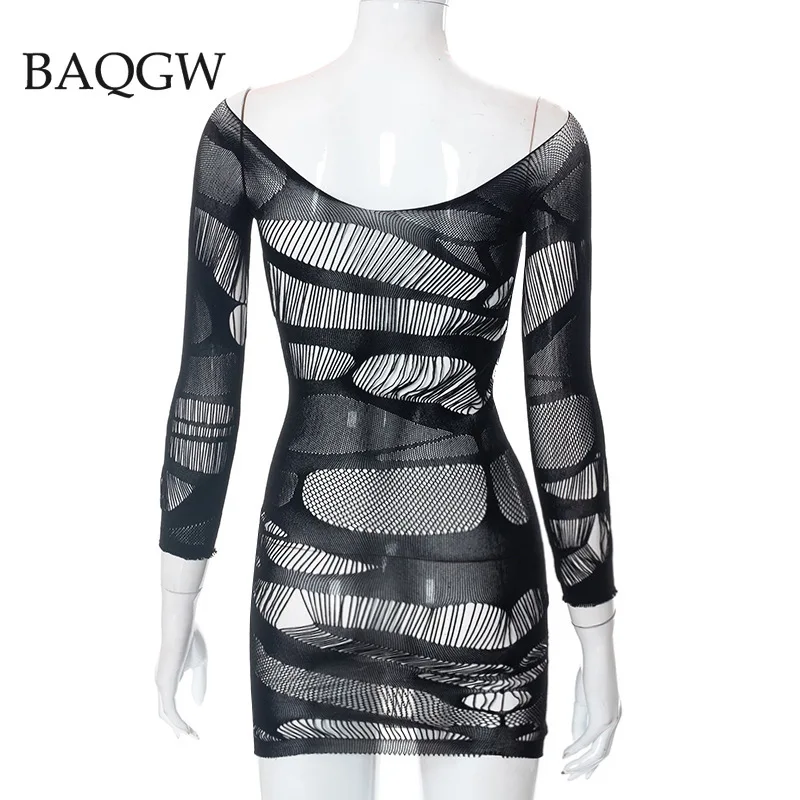 Sexy Club Party Dresses for Women Fishnet Transparent Lingere BadyDolls Chemise Three Quarter Sleeve Hollow Cut Out Mini Dress