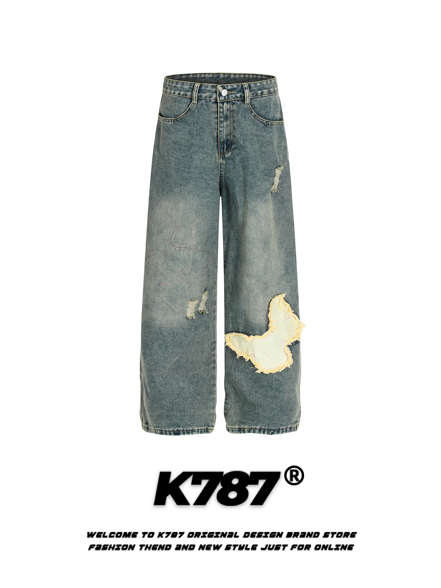 

Retro American Embroidery Jeans High Waist Straight Leg Loose Fit Casual Hole Long Pants for Men And Women