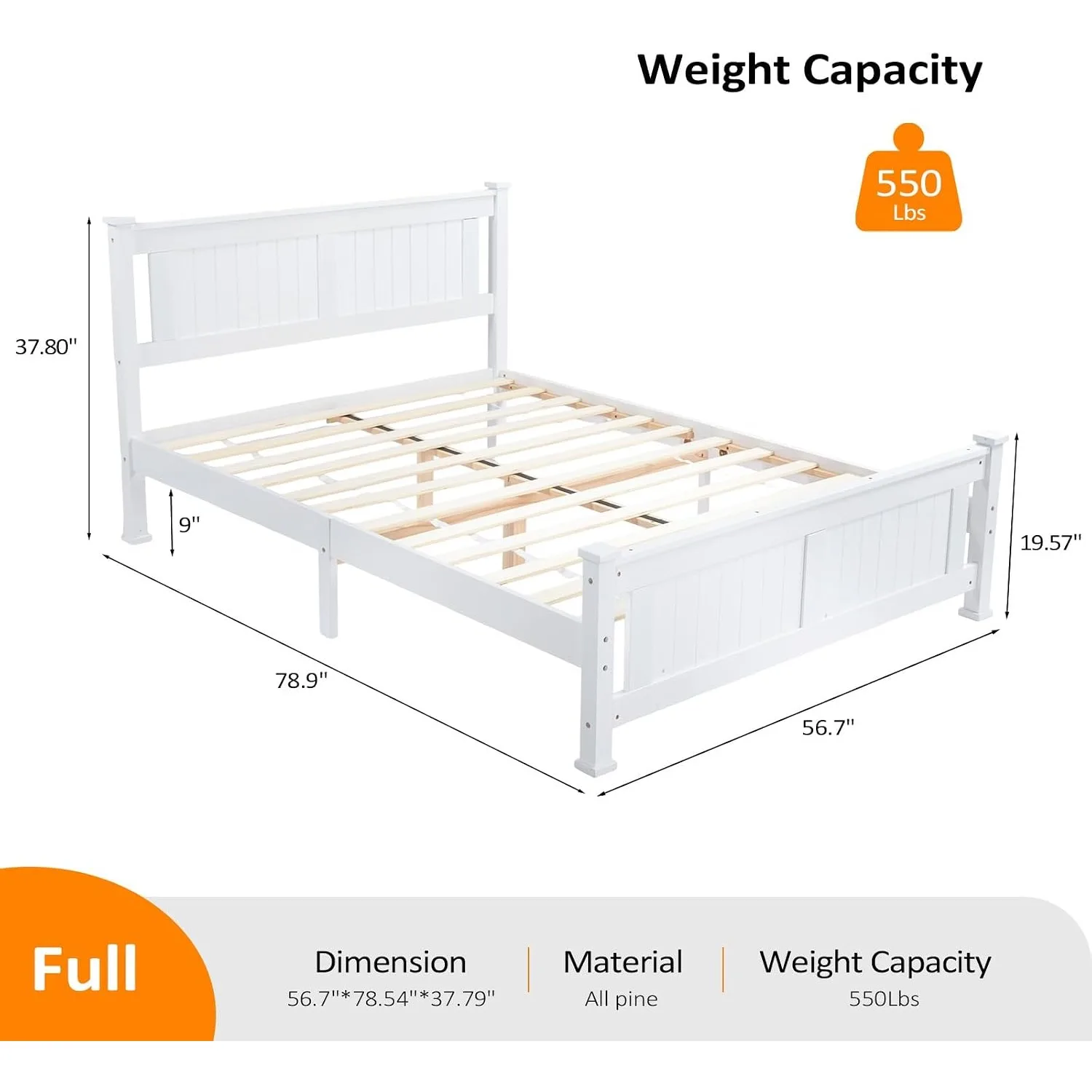 Full Size Solid Wood Platform Bed Frame, Panel Bed with Headboard, No Box Spring Needed Bed Base, Customized
