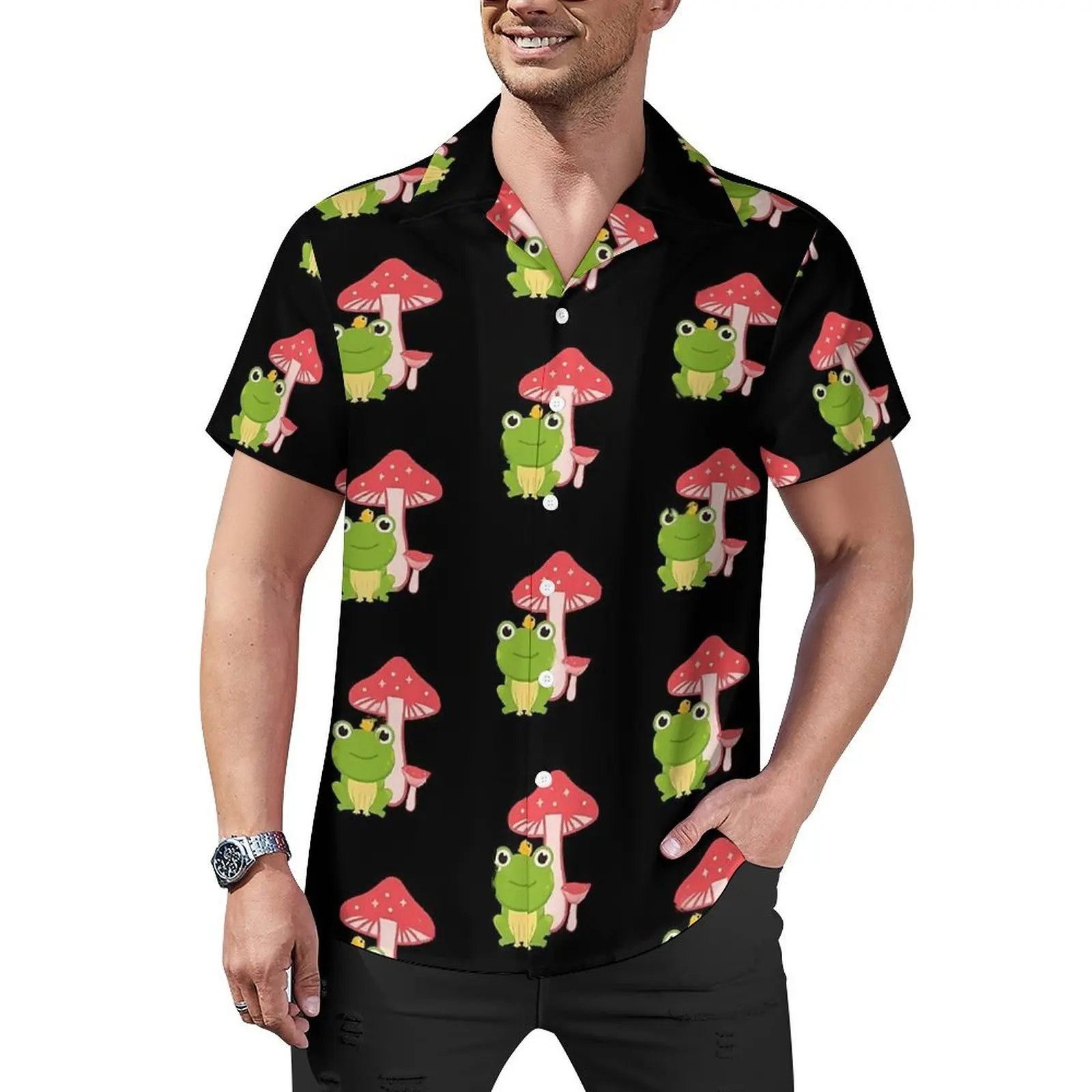 

Cute Mushroom Frog Casual Shirt Kawaii Animal Classic Hawaii Shirts Men Short Sleeve Beach Harajuku Pattern Oversized Blouses