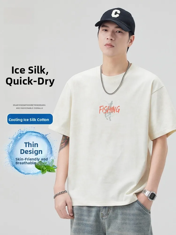 

Ice Silk Qui Dry ort Sve T-irt Men's New Print 2025 Summer American Retro High-End Trendy Brand Upper Apparel Men