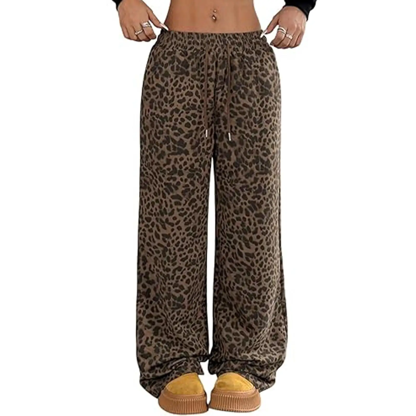 กางเกงขายาวทรงหลวมลายเสือดาวสไตล์ลำลองสำหรับผู้หญิง