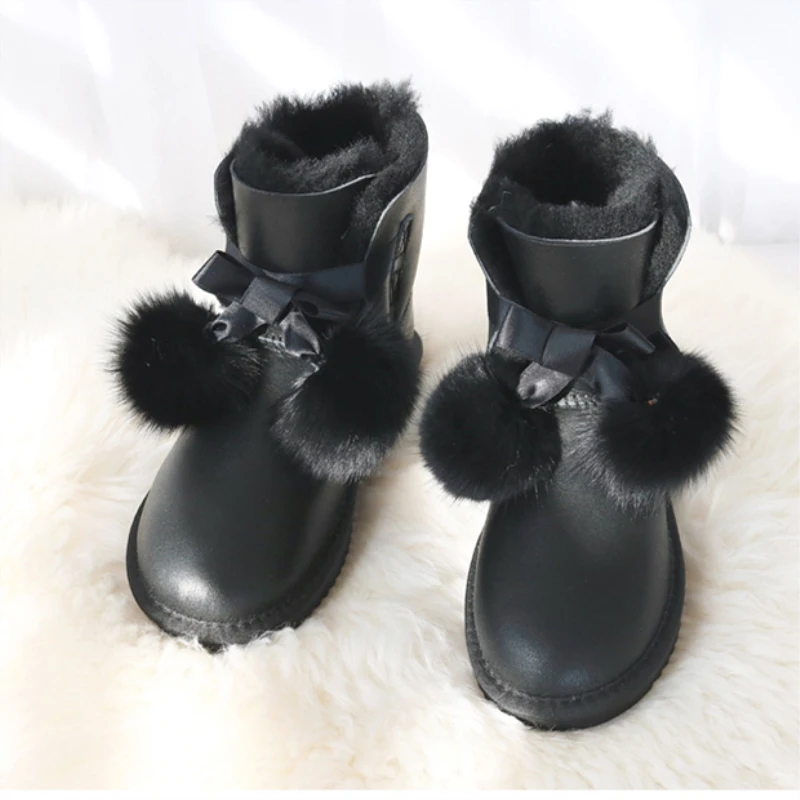 G&Zaco Luxury Genuine Sheepskin Boots Women sheep wool shoes women Waterproof Snow Boots Winter leather boots Bow Fox Ball Shoe