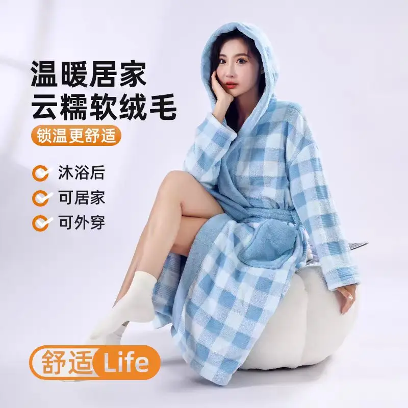 2026 Women Plush Fleece Robe Long Hooded Loungewear