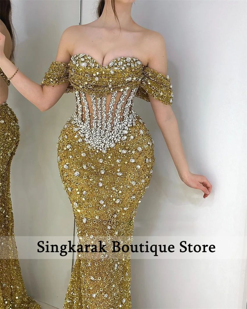 Glitter Gold 2024 Sweetheart Evening Dress Sparkly Beads Sequins Dimoands Rhinestones Mermaid Prom Wedding Party Dress