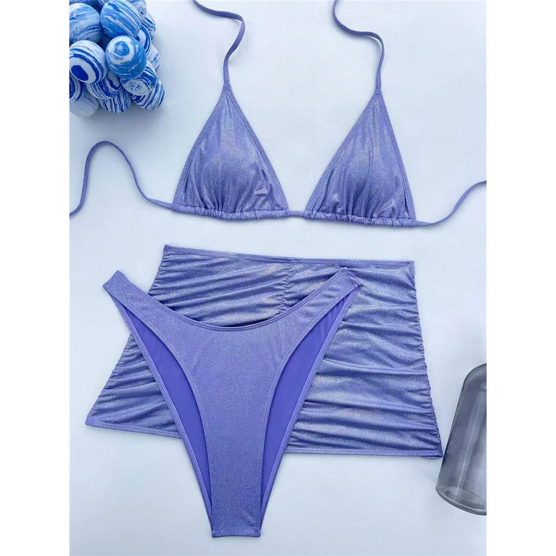 Halter-Bikini mit Rock, glänzend, brasilianischer Stil, Damen-Badebekleidung, dreiteiliges Bikini-Set, Badeanzug, Badebekleidung, Schwimmbekleidung V4925 – Detail 13