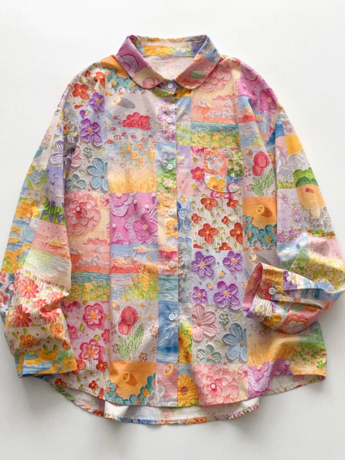 Retro pintura al óleo estampado Collar irt mujer primavera otoño Faion talla grande grasa MM Sli capa Base irt