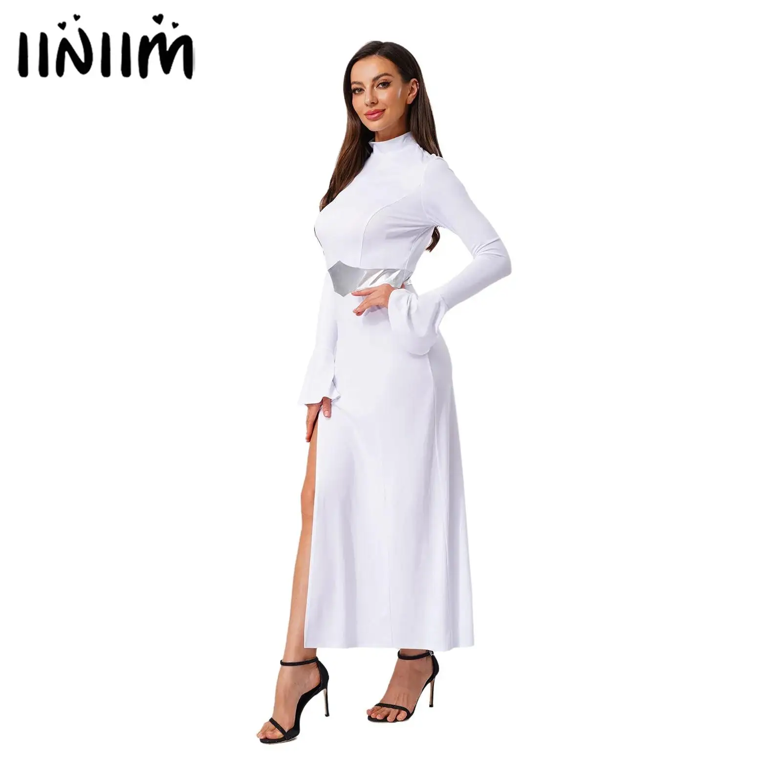 

Женский средневековый космический костюм принцессы на Хэллоуин, карнавальный костюм с длинными рукавами, расклешенные манжеты, металлическое блестящее платье макси с разрезом на талии и подоле