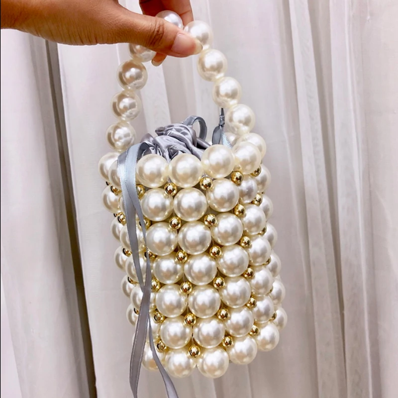 Acrylic pearls bag beaded Vintage bucket totes women plastic evening party Small mini handbag luxury brand wholesale white gold