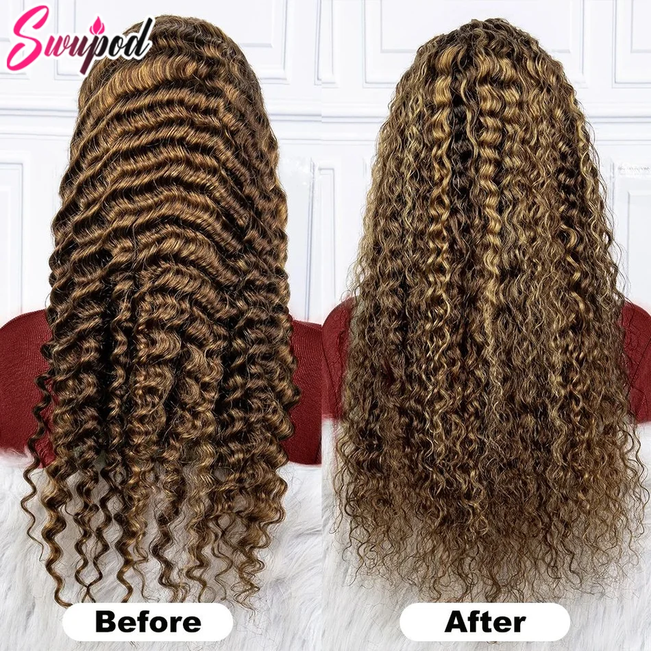 Swupod Highlight 13x6 Lace Frontal Wig Human Hair Deep Wave 13x4 Hd Lace Curly Highlight Blonde Ombre Colored Wigs For Women