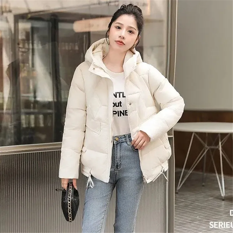 Korean Women Down Cotton Jacket 2023 Winter New Fashion Hooded Padded Outwear Pocket Casual Warm Coat Female Loose Clothes W066