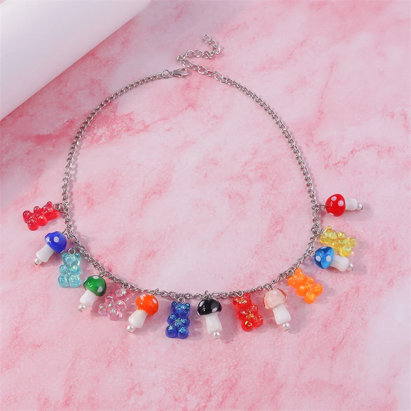 Fashion Mushroom Necklace Cartoon Candy Color Resin Animal Bear Pendant Necklace for Women Girl Party Jewelry Gifts