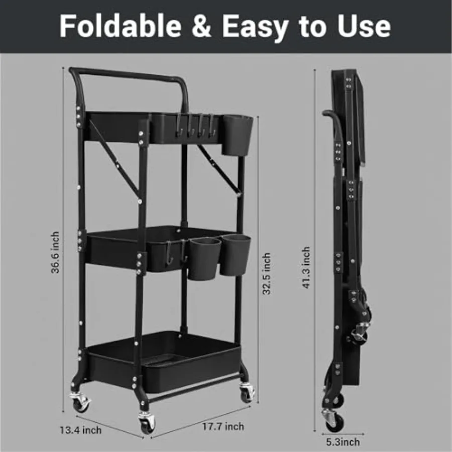 3 Tier Foldable Rolling Cart with Wheels, Folding Utility Cart Organizer, Collapsible Rolling Storage Cart with 3 Hanging Cups