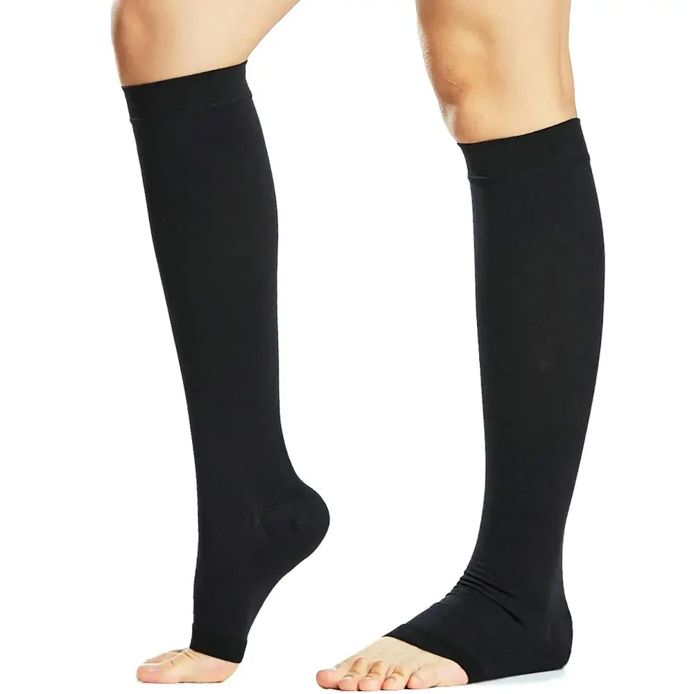 Chaussettes de Compression Médicale pour Femme, 20-30mm gh, Ouverte, pour Genoux, Mollet, Varices, Œedème, Grossesse, artificiel astique, Volant,