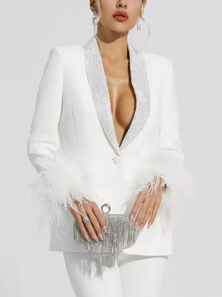 TWOTWINSTYLE Detachable Feathers Chic Blazer For Momen Shawl Collar Long Sleeve Patchwork Diamonds Temperament Blazers Female