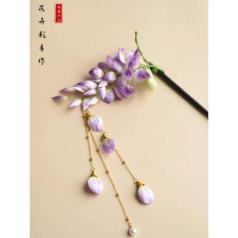 Handmade Sandalwood Wisteria Tassel Hairpin Intangible Heritage Accessory for Hanfu Cheongsam