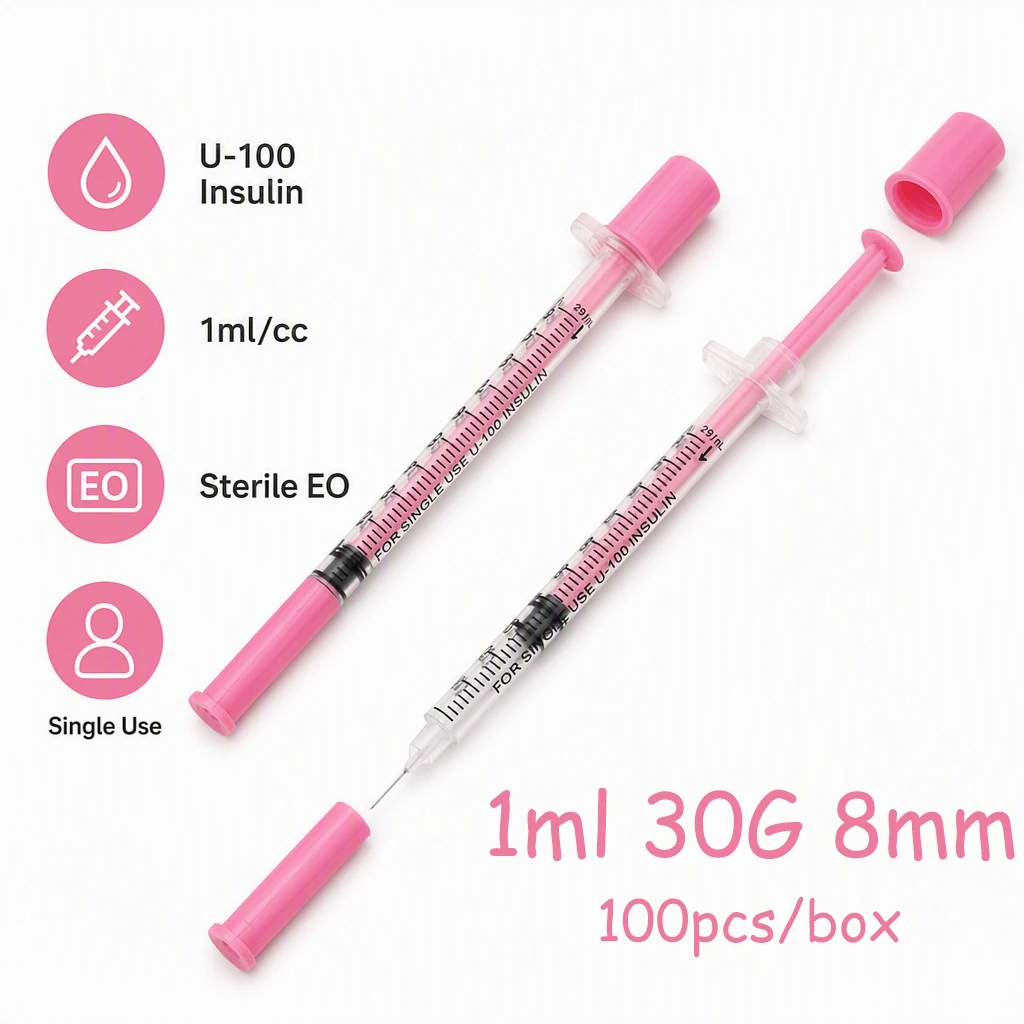 Image of Neue Farbe Pink, 1 ml, 30 G, 5/16 Zoll, sterile Einweg-Insulinspritzen mit 30 G 8 mm Nadel, Veterinärinjektor für Haustiere, 100 Stück/Box