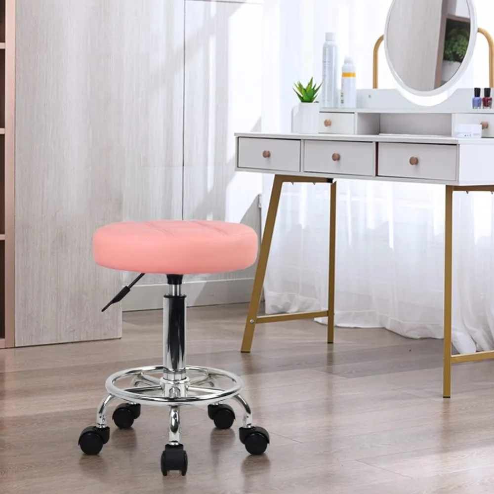 Round Rolling Stool Chair PU Leather Height Adjustable