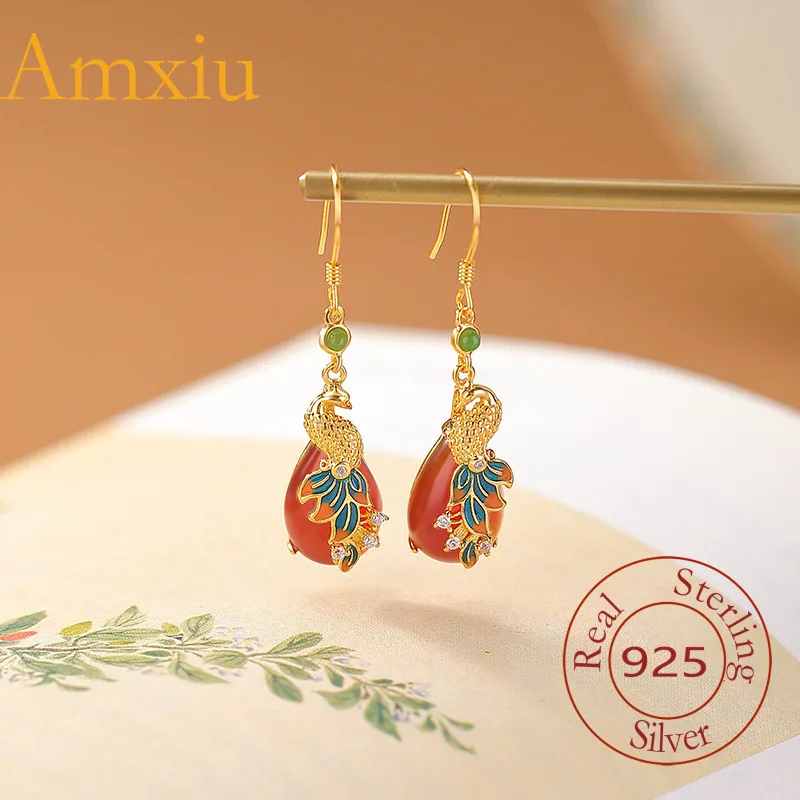 Amxiu Sterling Silver 925  Red Agate  Gold-Plated Phoenix Enamel Color Water Drop Shape Chinese Style Silver Ear Hook Earrings