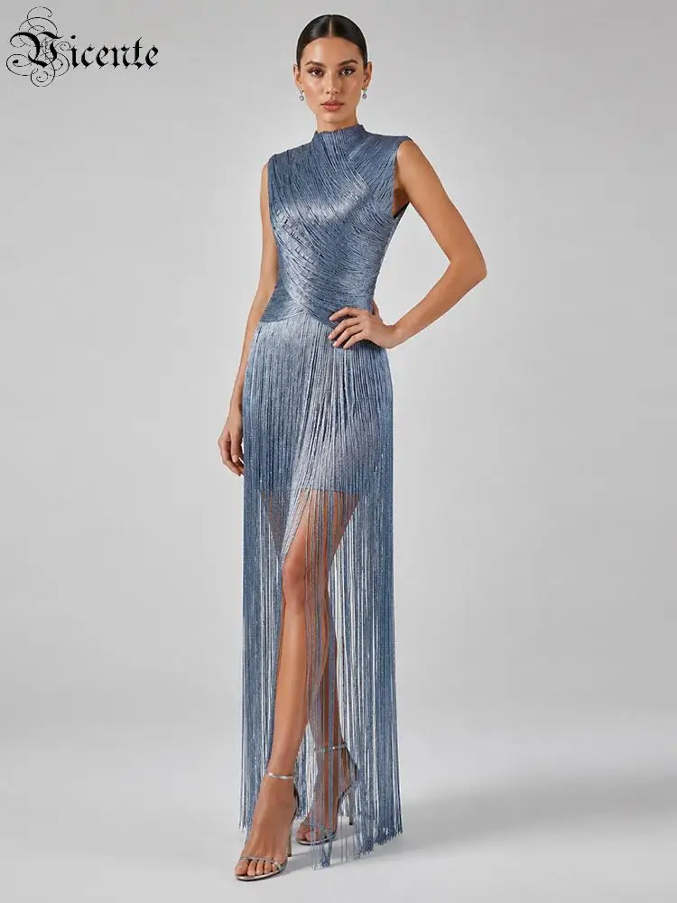

VC Luxury Fringe Maxi Dress For Women Metallic Tassel Evening Gown Sleeveless Bodycon Party Dress Elegant Cocktail Prom Dresses