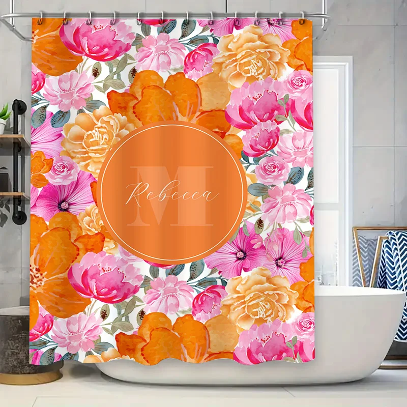 

Красивая занавеска для душа с цветочным принтом и персонализированной монограммой имени для декора ванной комнаты Оранжевый, розовый, персиковый, желтый, розовый узор 69X72 i