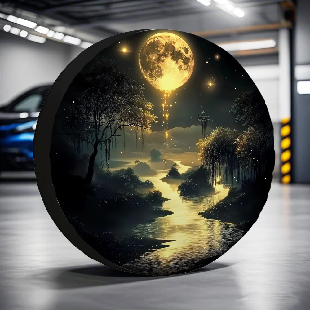 1pc, Tire Cover Moon And Lake Versatile Polyester Fabric,Without Electricity Halloween Gifts Applies To Scenic Area Parking Lots