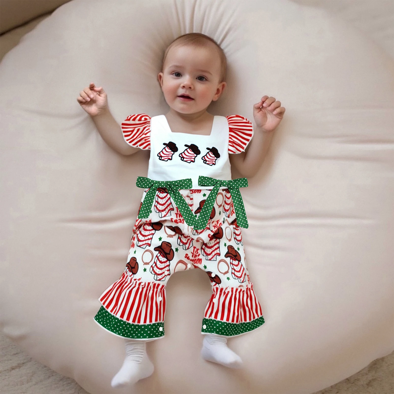 طفلة عيد الميلاد رومبير عارضة نقطة / الطباعة الغربية لطيف القوس يطير الأكمام بذلة للملابس لطيف الوليد #3