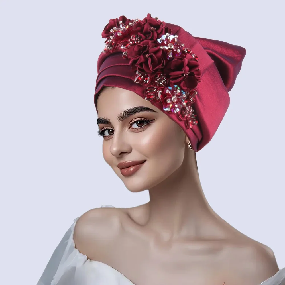 

Новинка 2025 года, женский тюрбан в африканском стиле, нигерийский головной убор Auto Gele, готовый свадебный гелевый женский головной убор с бриллиантовым цветком