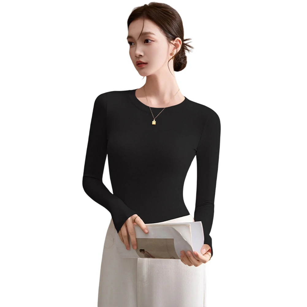Womens Long Sleeve T Shirt Slimming Round Neck Base Layer Top Solid Color Spring Summer Casual Blouse For Ladies