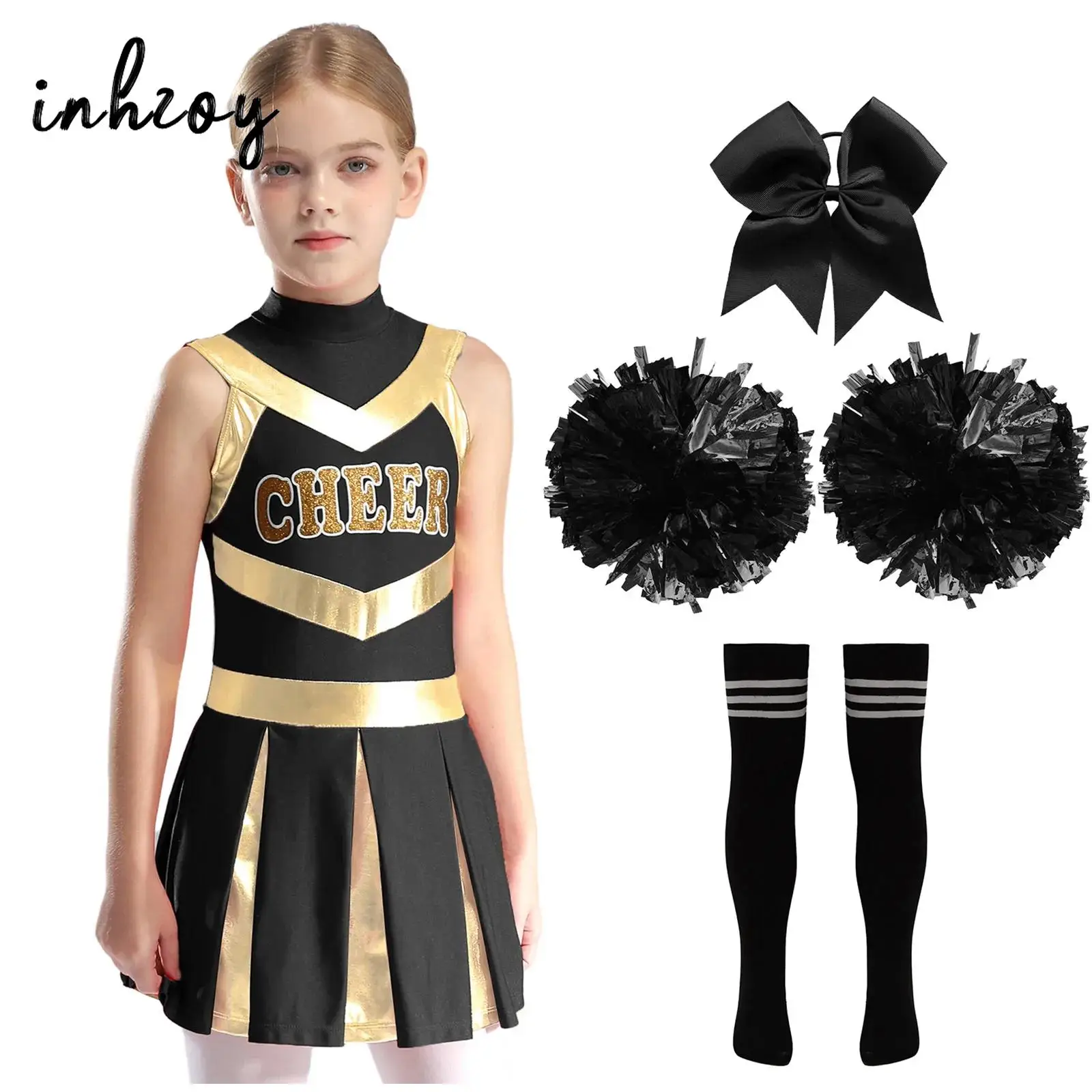 Costume de pom-pom girl pour filles, robe de paupières d'Halloween, uniforme de performance de danse de pom-pom girl, tenue avec chaussettes tube rayées et pompons