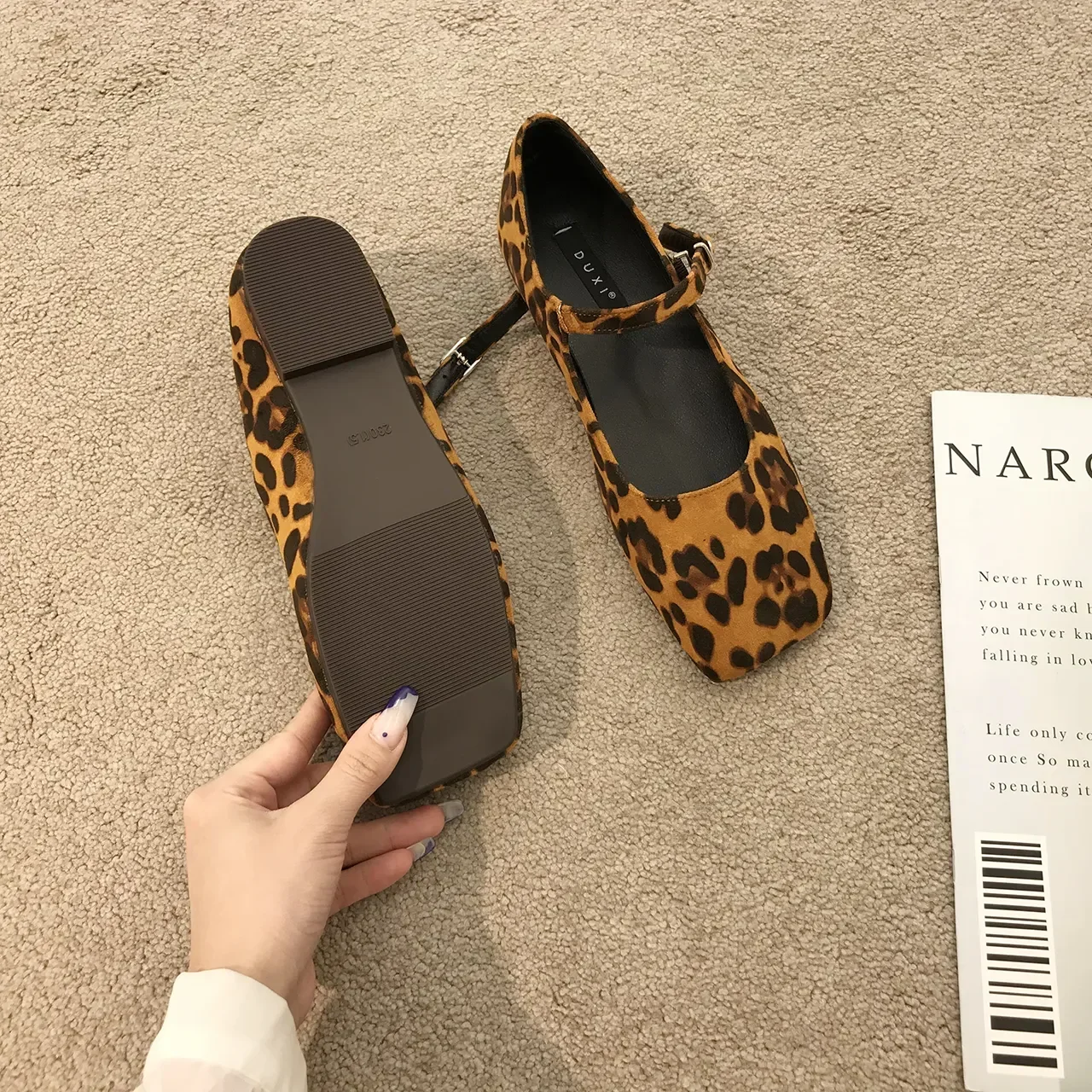 French style Women Vintage Flats Button Square Toe Mary Janes Casual Shoes Leopard Comfort Loafers Shoes 2024 Ballerina Flats