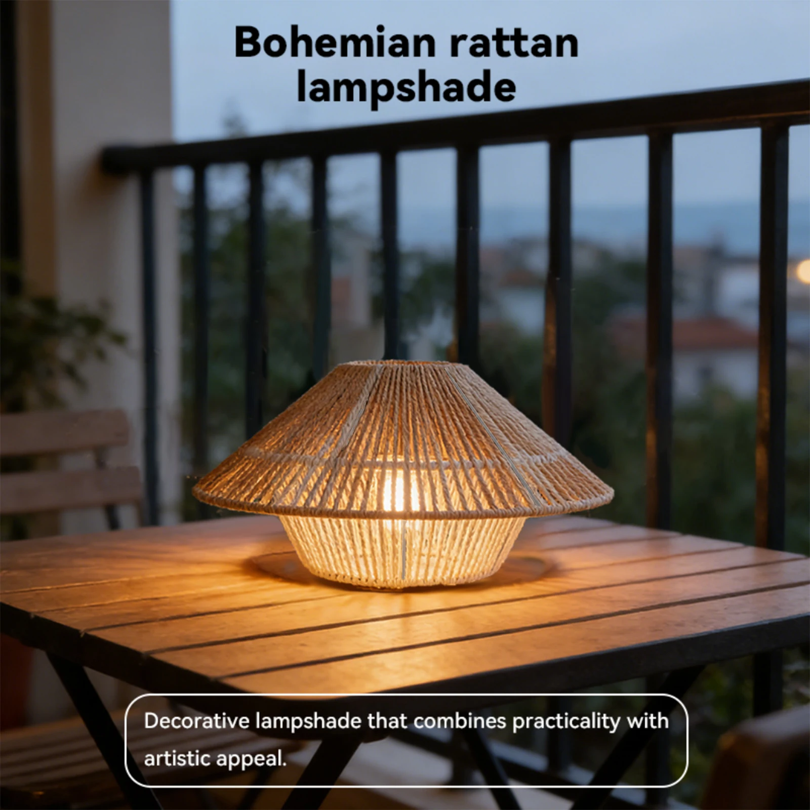 Natural Rattan Umbrella Cone Lamp Shade, Woven Rope Pendant Light Cover for Dining Room Balcony
