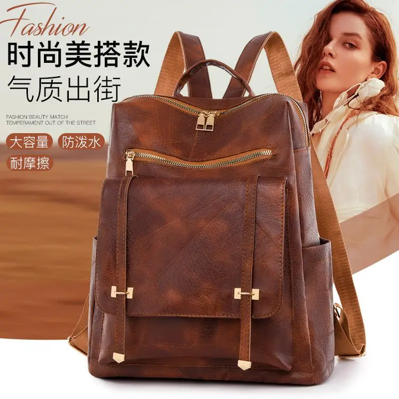 

Retro Simple Fashion Trend Soft Leather Backpack Female 2024 New Large Capacity Wear-resistant Mommy Travel College Student Bag