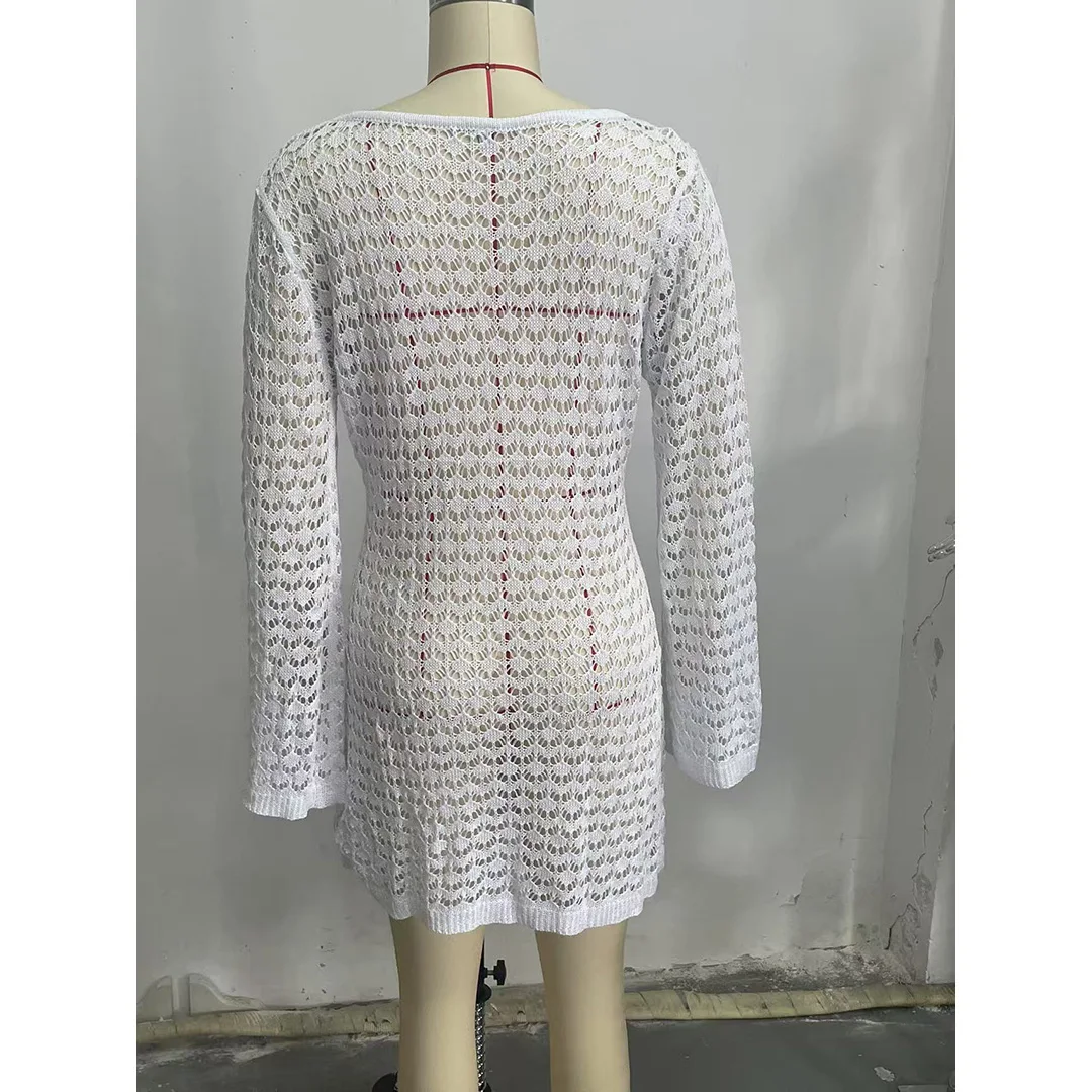 S - XL Langarm-Tunika mit Ausschnitten, gehäkelt, Strick, Strandkleid, Strandmode, Damen V6507 – Detail 17