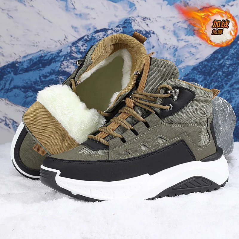 

New autumn and winter high top and plush thick cotton shoes for men, casual, non slip, thick soled, cold resistant, warm cotton