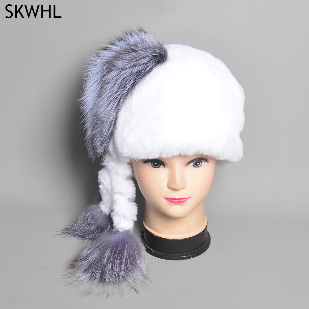 

Russia New Style Women Real Genuine Fox Fur Beanies Hat Girls Natural Real Rex Rabbit Fur Skullies Cap Knit Winter Real Fur Hats