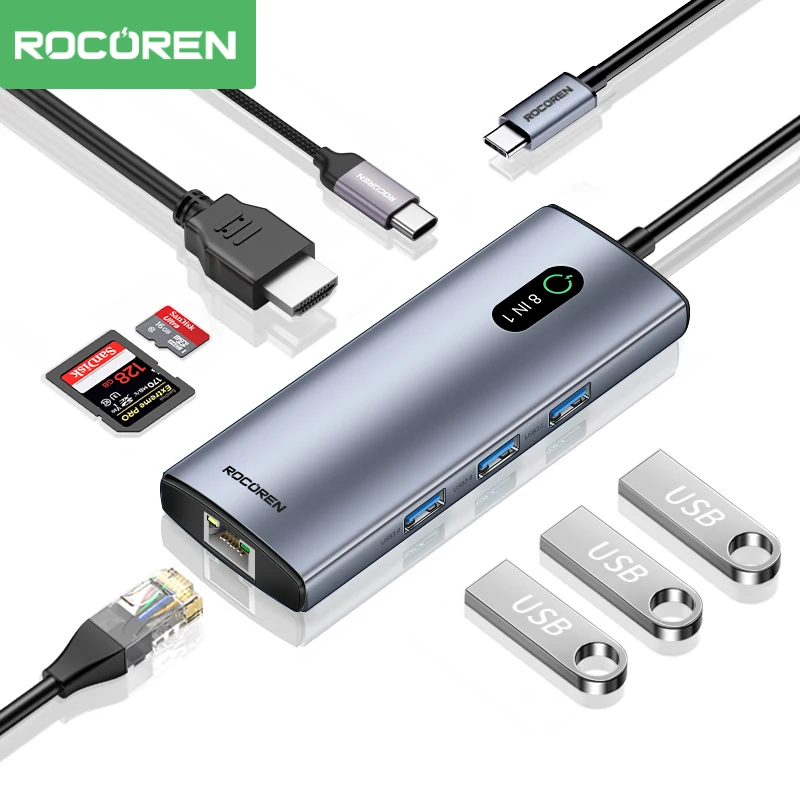 Rocoren USB C Hub PD 100 W RJ45 SD Reader USB 3.0 Splitter 11 in 1 8 in 1 Dock Station For Macbook Air Pro Samsung Xiaomi Laptop