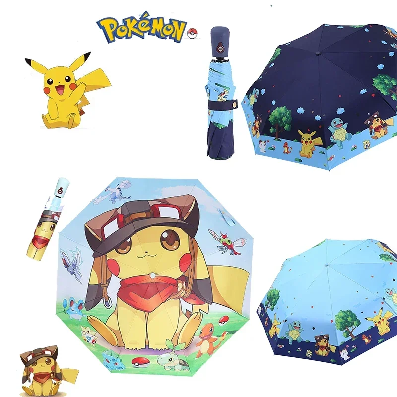 

New Cartoon Pokemon Pikachu Children Sun Umbrella Folding Rain Hand Push Sun Protection Sun Shade Black Glue Windproof Umbrella