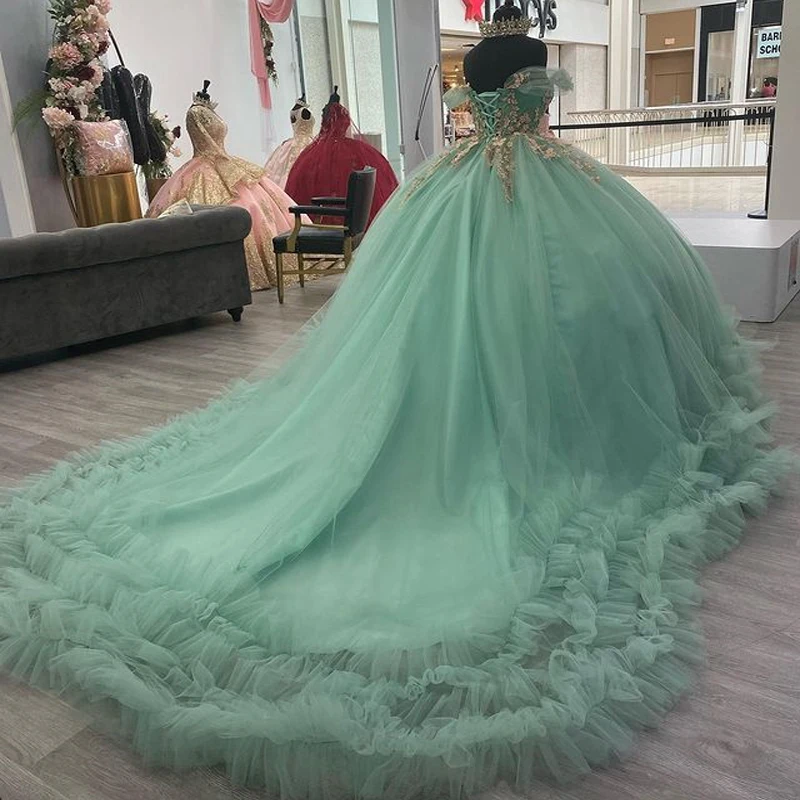 ANGELSBRIDEP Mint Green Quinceanera Dresses Beaded Flowers Appliques Lace Long Elegant Tulle Sweet 15 16 Dress Court Train