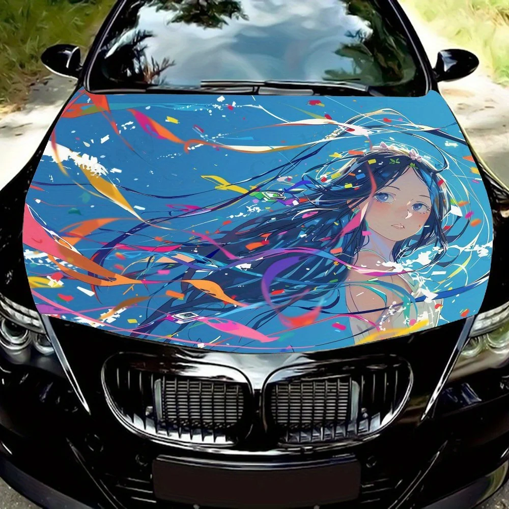 

Женщина с красочными струящими волосами Наклейка на капот автомобиля - брызгозащищенная, легко снимается Прочная виниловая пленка, подходит для всех транспортных средств