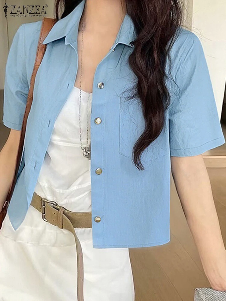 

Summer Women Elegant Fashion Shirts ZANZEA 2025 Short Sleeve Tops Ladies Solid Blouse Casual Loose Buttons Lapel Korean Blusas