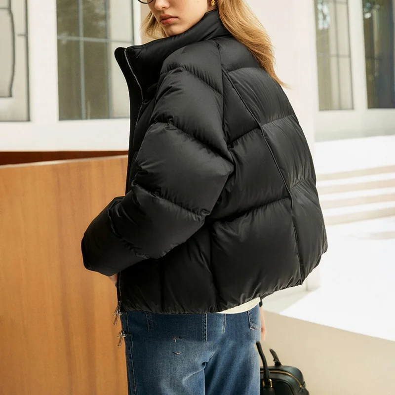 2025, Winter, neue Damen-Stehkragen, Satin, dick, warm, Daunenjacke, Y2K, hochwertige Mode, lässig, weiße Entendaunen-Schneejacke