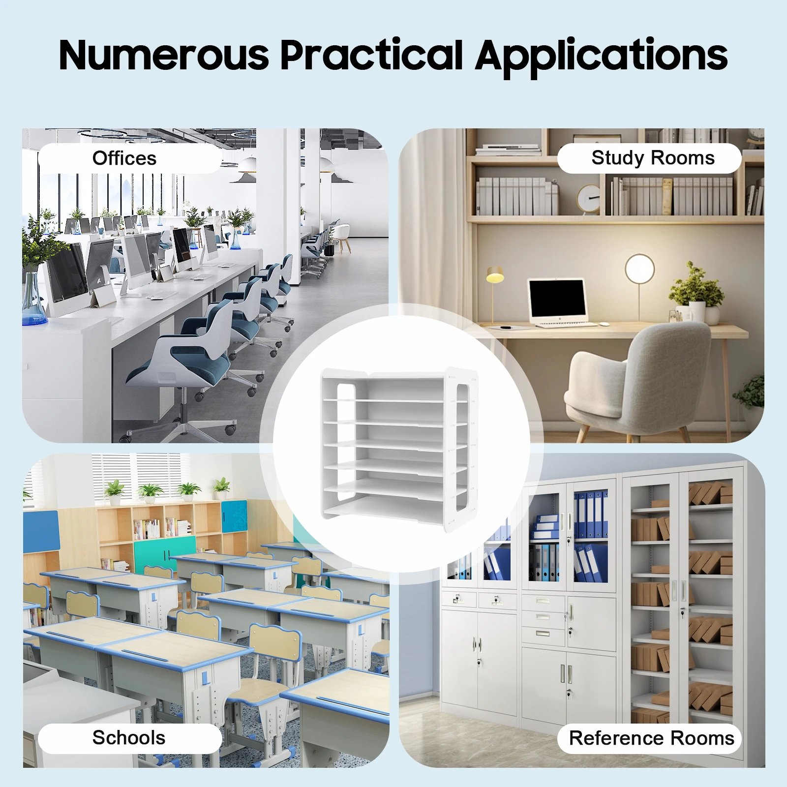 7 Tier Horizontal White File Organizer Space-saving Hollow Side Panels Easy Install for Home Office School Desktop Document Rack