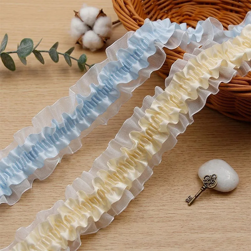 1/5Meters 4cm Wide Double‑Layer Elastic Ruffle Lace Trim Satin Tulle Gathered Frill For Lolita Dress Doll Bags Hair Sewing Decor