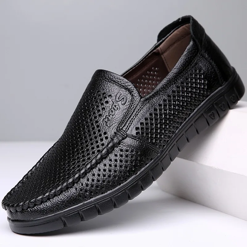 Fashion Leather Hollow Summer Soft Sole Men\'s Loafers Designer New Platform Busines Dress Shoes Men Casual Sandals Man