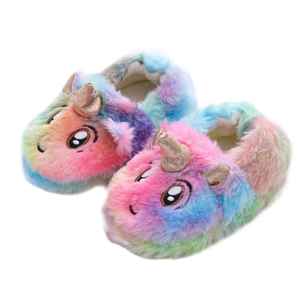 

1Pair Kids Cotton Slippers Winter Warm Cartoon Unicorn Home Shoes Silent Sole Comfortable Indoor Bedroom Footwear